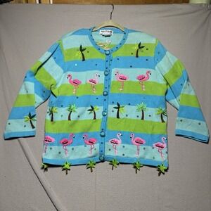 Jack B Quick Womens Cardigan Sweater Blue‎ Green Flamingo Embellished Large